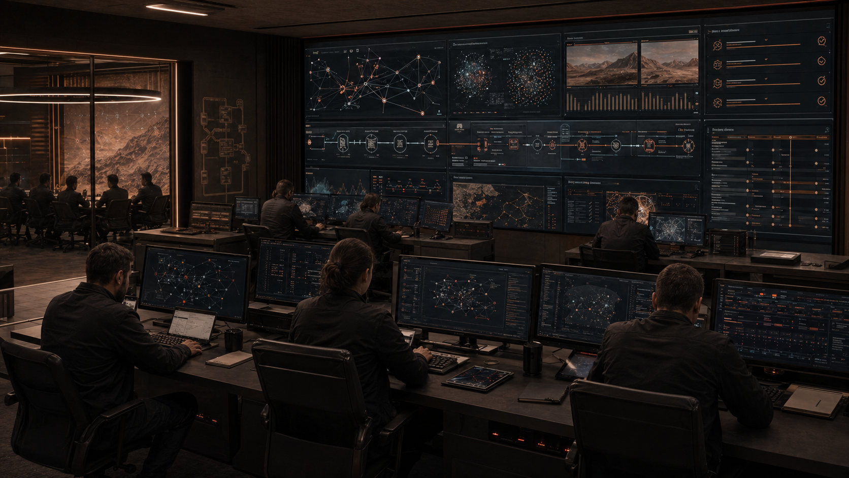 Secure AI mission assurance room with analysts, provenance displays, model behavior views, and evidence workflows