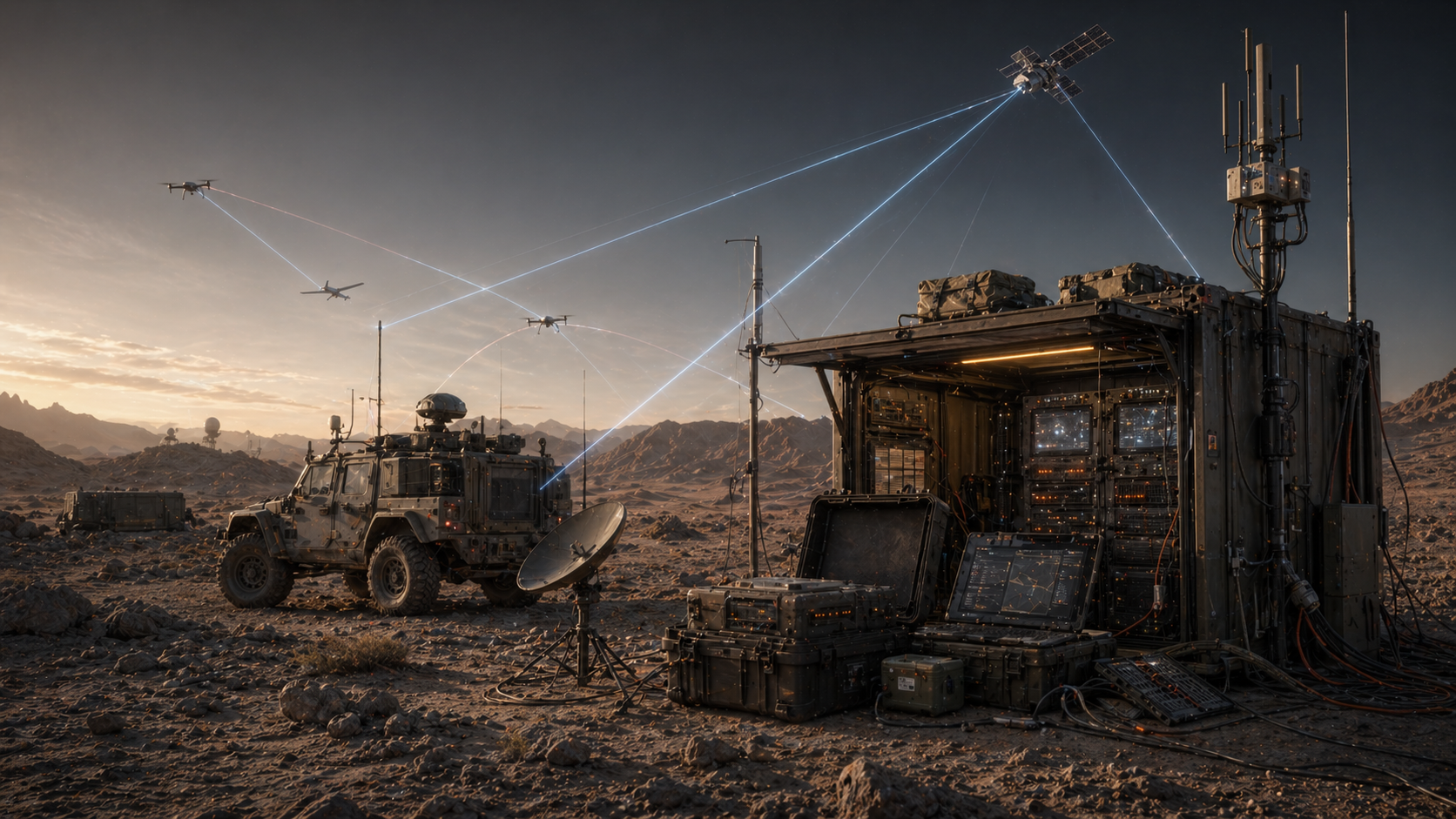 Forward edge spectrum deployment with tactical vehicle, communications shelter, antennas, rugged compute, and RF links