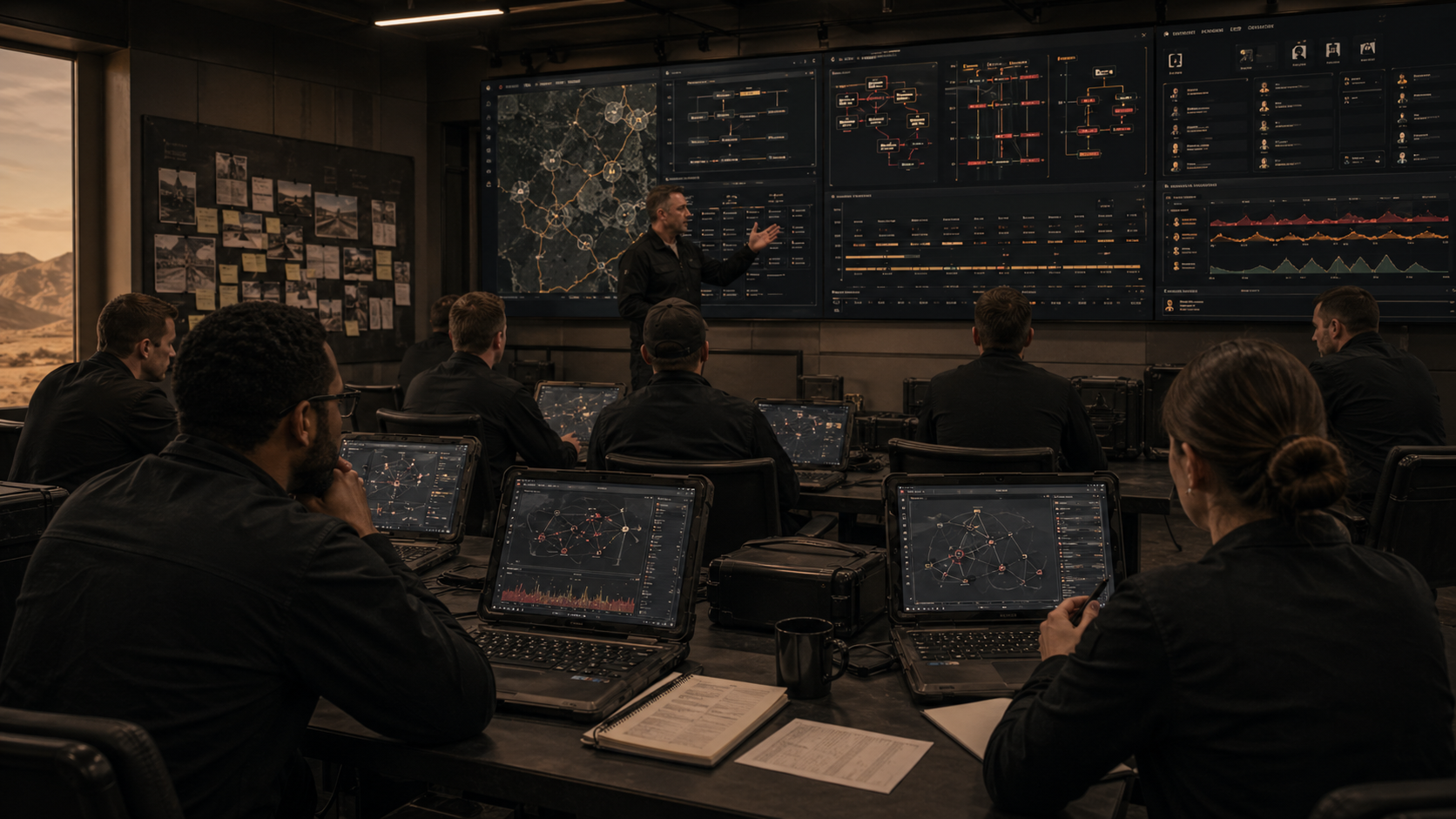 Defense training classroom with AI red-team exercise displays and rugged laptops
